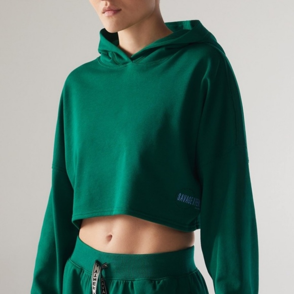 Savage X Fenty Green Xssential Terry Cropped Hoodie Size M NWT